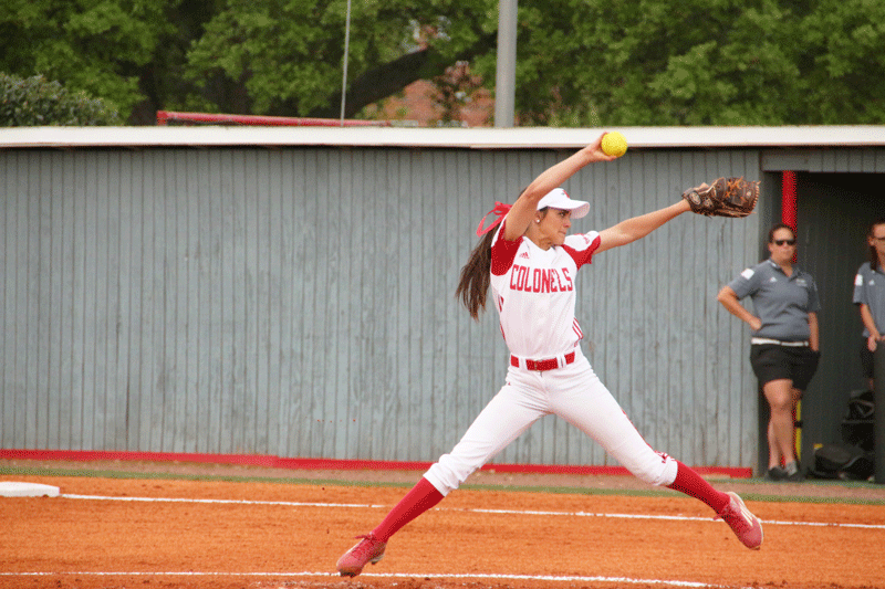 Pitcher #16 Megan Landry of Pierre Part, Louisiana pitches a fastball against rivals Southeastern Louisiana University on Friday March 24th. 