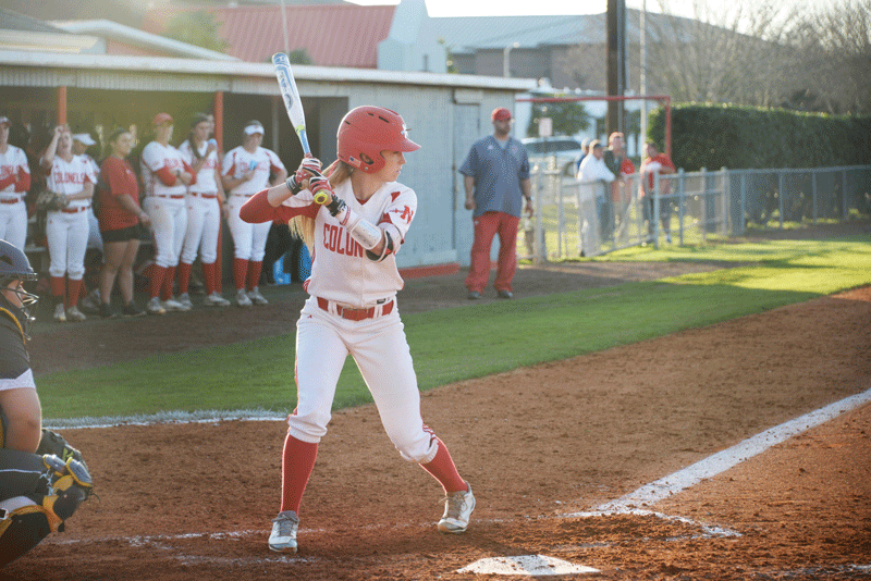 Sophomore shortstop Amanda Gianelloni, #5 from Napoleonville, prepares to bat against Alcorn State on February 22nd.