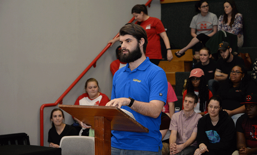 Jacob Parra, microbiology major and program director at KNSU, expresses his concerns about the yearbook fee being cut.