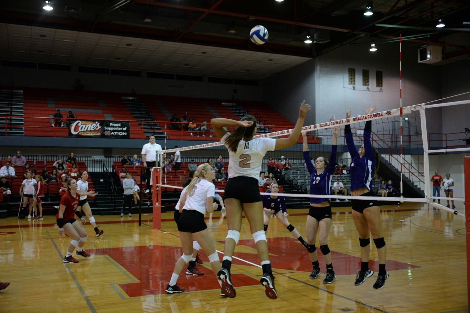 Brieanna Hill #2 a sophomore from Berwick spikes the ball durring the Nicholls Colonels Vs. the Arkansas Sugar Bears that was on Thursday, September 22nd at the Stopher gym.