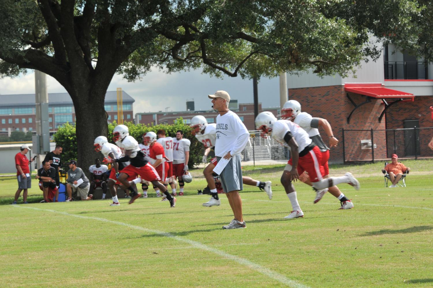 Coach Rebowe looks onto his Colonels as they have their first practice session before their first game against McNesse on August 31, 2017.
