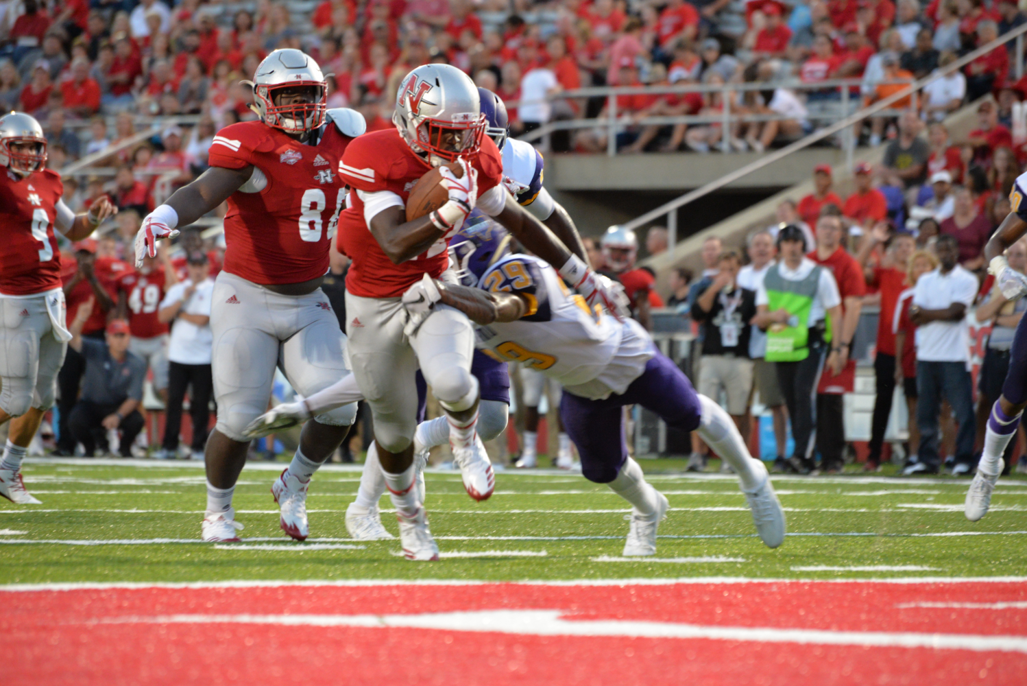 #22 Jeremy Rounds blocks Prairie View's #29 Raleigh Johnson for Nicholls State Vs. Prairie View A&M on September 16, 2017.