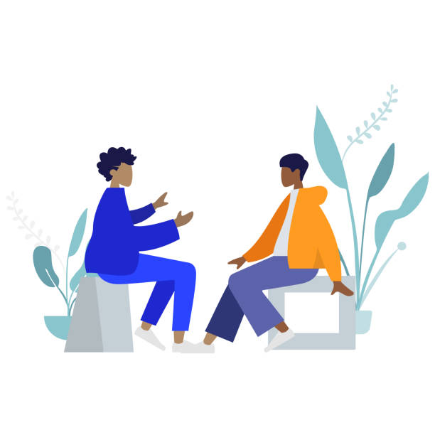 Two people, a man and a woman, are sitting and talking to each other, colorful human illustrations on white background, human illustration