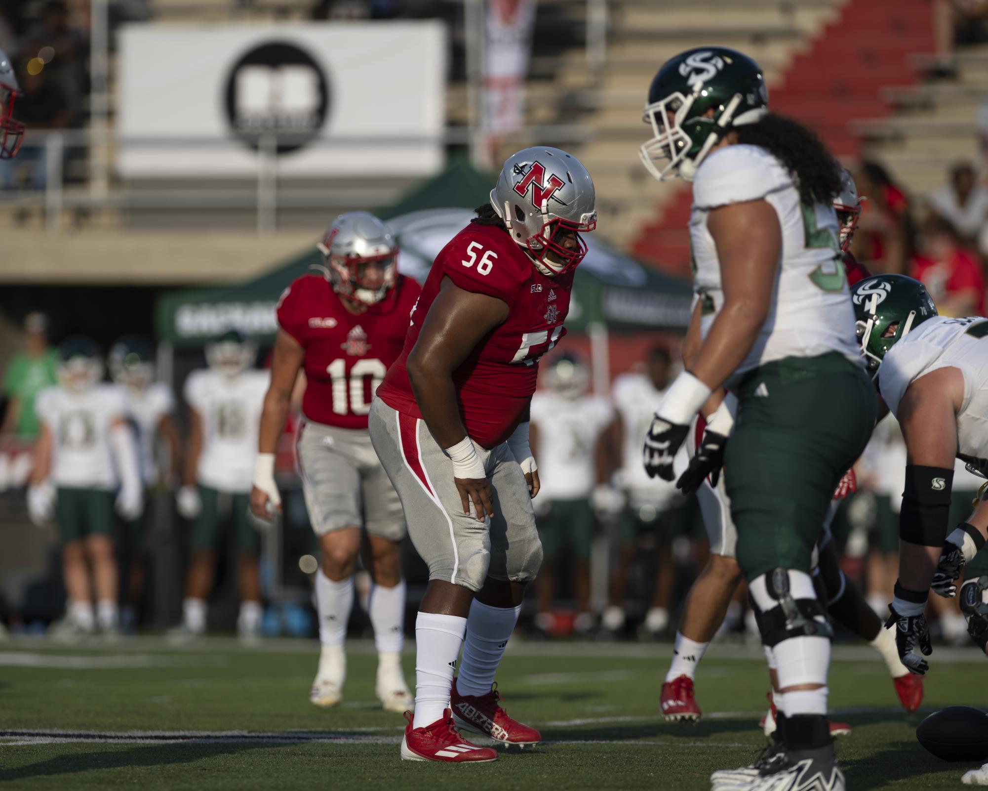 Nicholls defensive lineman Rasheed Lovelace (#56) lines up against the Sacramento State O-line.