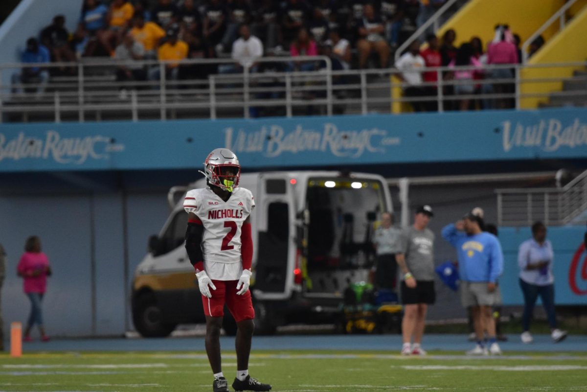 Nicholls defensive back Tyler Morton[#2] waiting to field a punt in a game against Southern University(10/5)