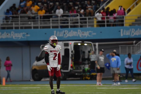 Nicholls defensive back Tyler Morton[#2] waiting to field a punt in a game against Southern University(10/5)