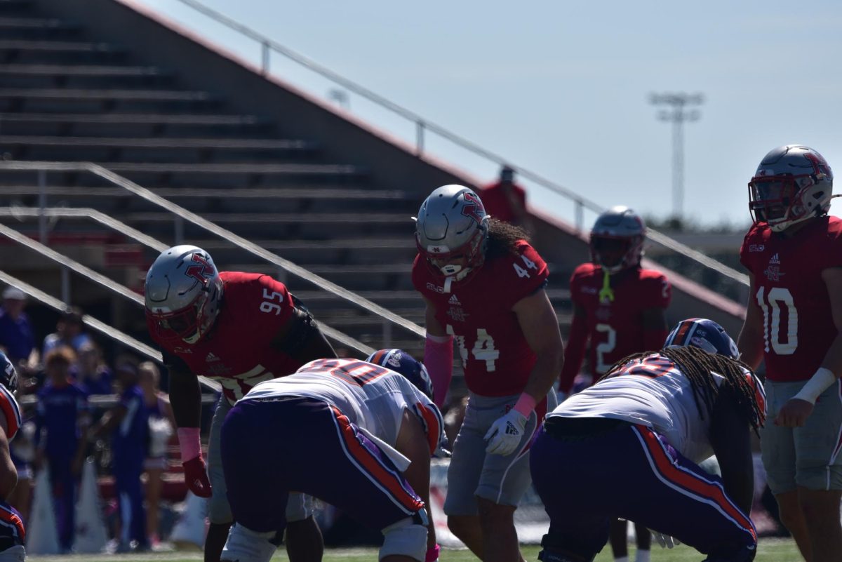 Nicholls' defense stands at the line of scrimmage awaiting the snap against Northwestern State University (10/19)