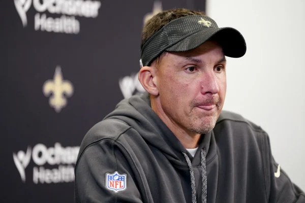 New Orleans Saints' Head Coach Dennis Allen Speaks during a news conference after loss against the Carolina Panthers in an NFL football game Sunday Nov. 3, 2024, in Charlotte, North Carolina