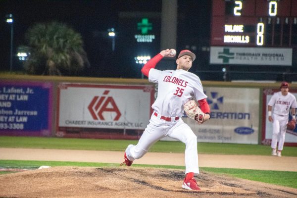 Nicholls pitcher Koen van ‘T Klooster throwing a ball against a Tulane batter. Feb. 25, 2025