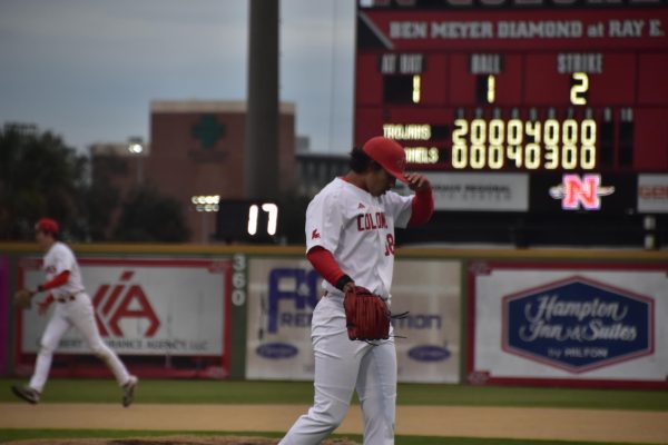 Cole Simoneaux steps off the mound after retiring the three batters he faced in the ninth inning. Simoneaux recorded a save, leading Nicholls State University to a 7-6 win over Arkansas-Little Rock on Feb 21.