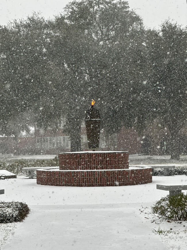 Nicholls State University's eternal flame in the center of the university's quad glowing through snow fall on Tuesday, Jan 21, 2025