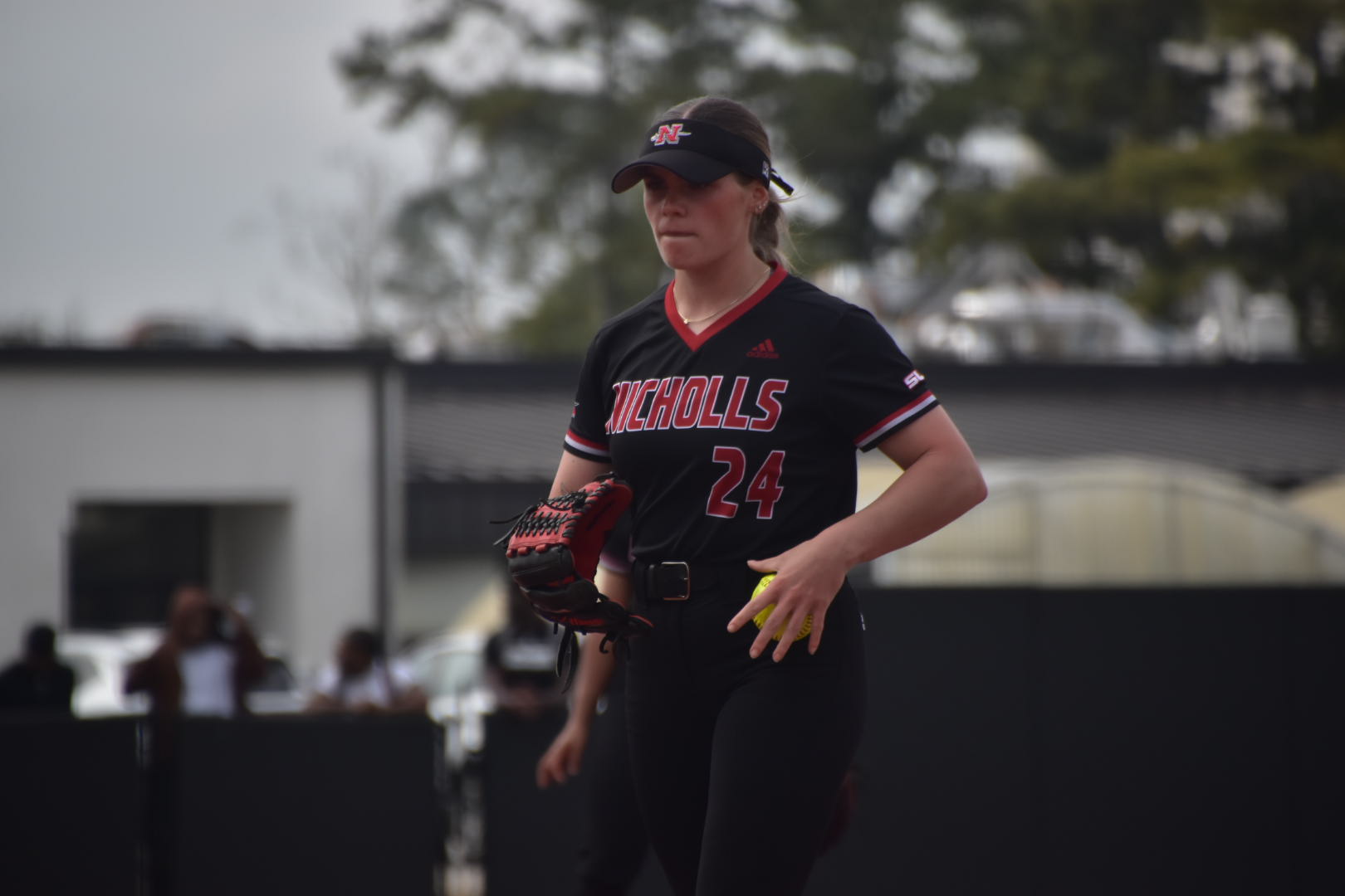 Nicholls softball pitcher Averi Paden (#24) prepares to toss a pitch in a game against UIW on March 14.