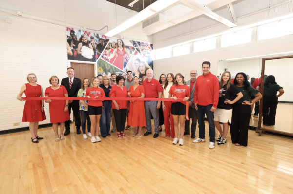 Faculty, Students and members of Nicholls State University dance team, the Colonelettes, celebrate the ribbon cutting for the new Colonelettes dance studio