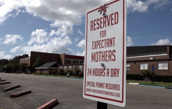 Nicholls' Parenting Students parking spot reserved for expectant mothers. 