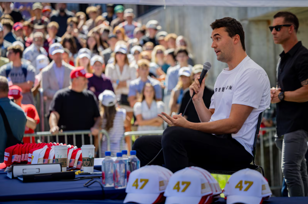 Charlie Kirk before he was shot during "The American Comeback Tour ft. Charlie Kirk" visit to Utah Valley University.