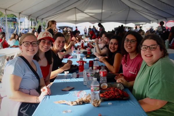 Students eating crawfish at Crawfish Day.
