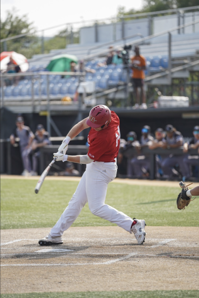 Caston Thompson gets a hit in the doubleheader against the Southeastern Baptist Chargers.